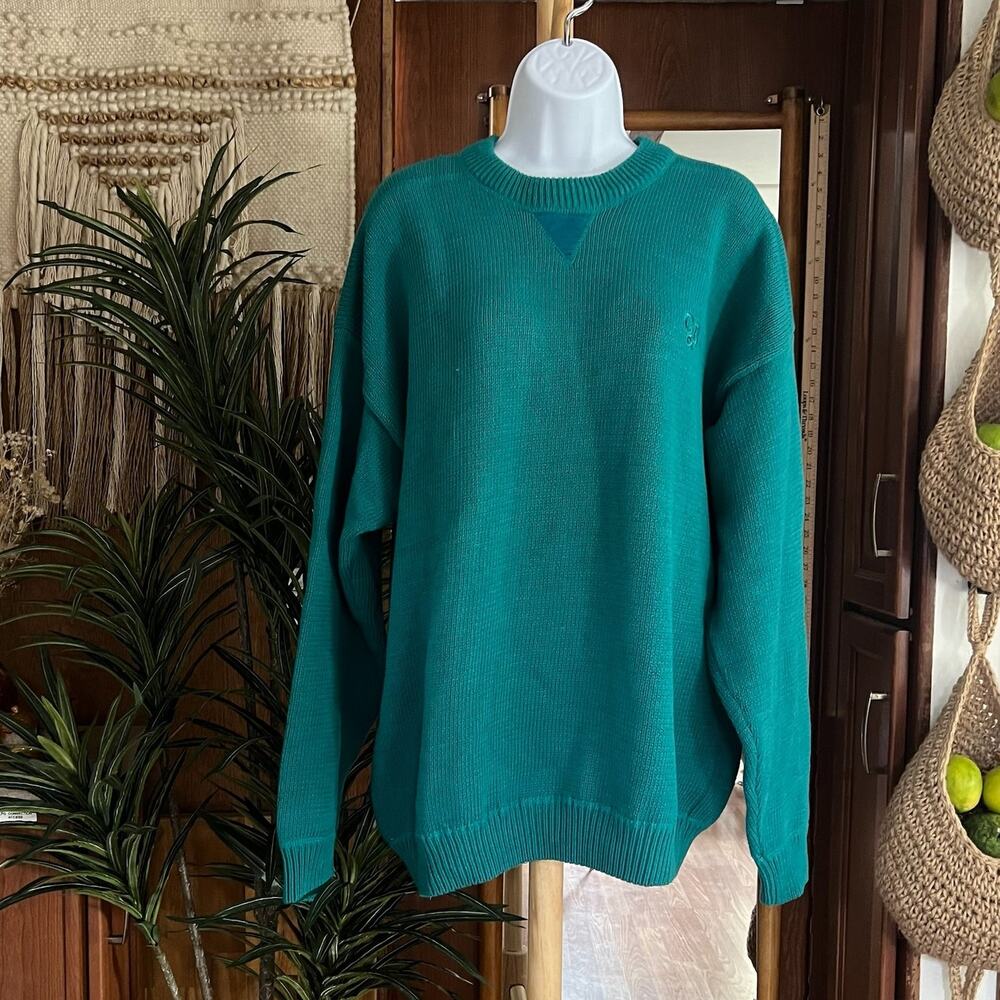 Vintage 90s Teal Cotton Sweater L | Heavyweight Grandpa Preppy Ivy League Knit